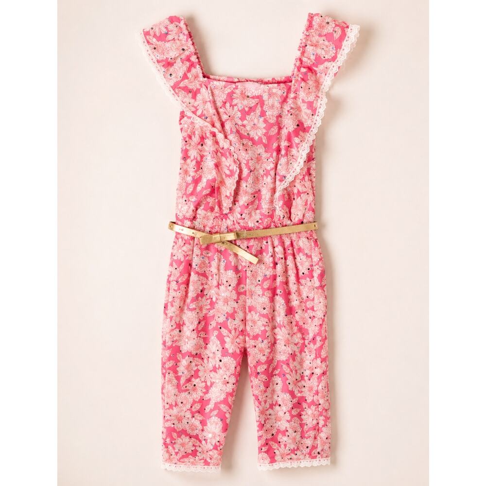 NWT Little Lass Coral Pink Floral Lace-Trim Romper size 4T